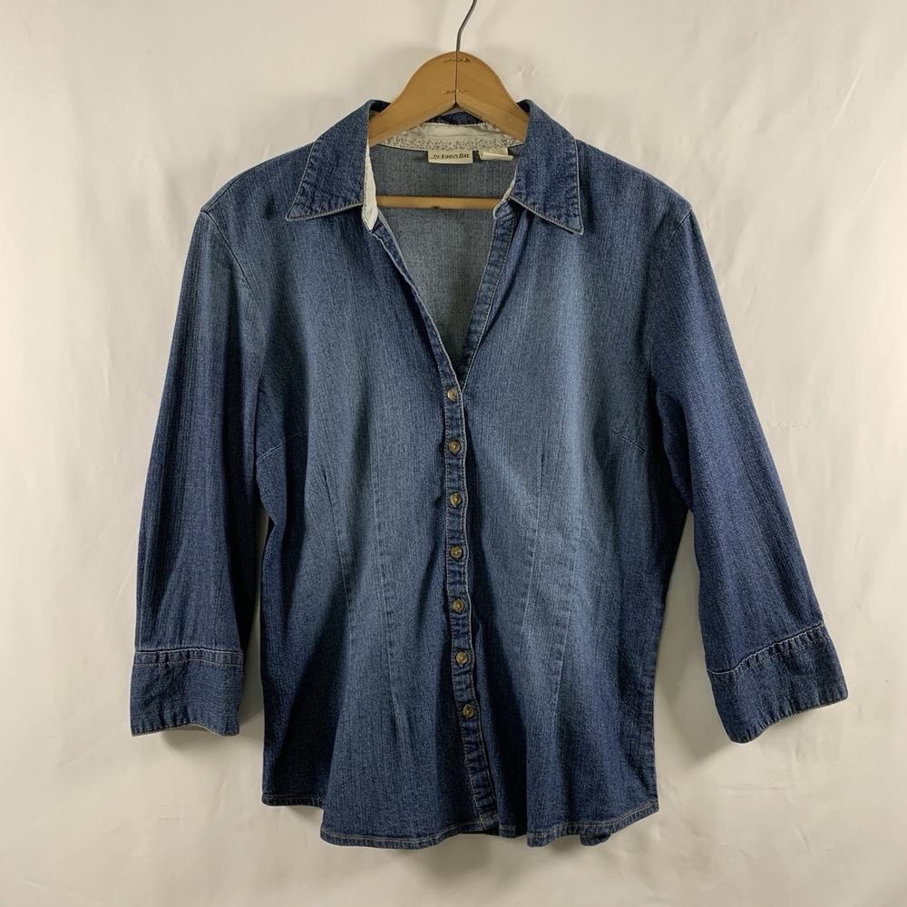 Womens V Neck Collared Fitted Chambray Button Top Size Large Cowgirl 3/4 Sleeve